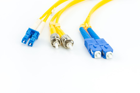 Single mode fiber optic cables patch cord with LC, SC and ST connector type on white background