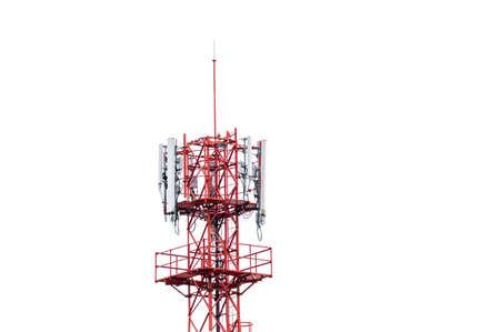 Top of telecommunication tower with wireless antenna on white background