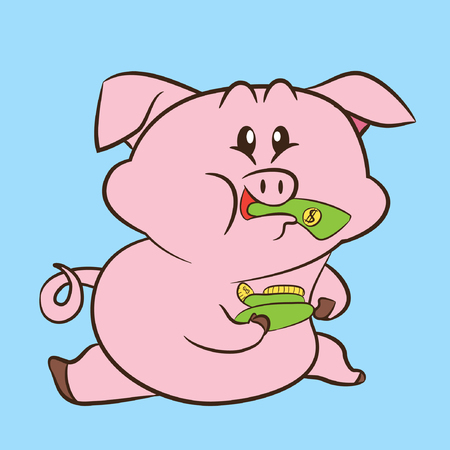 cute pig cartoon eating moneyのイラスト素材