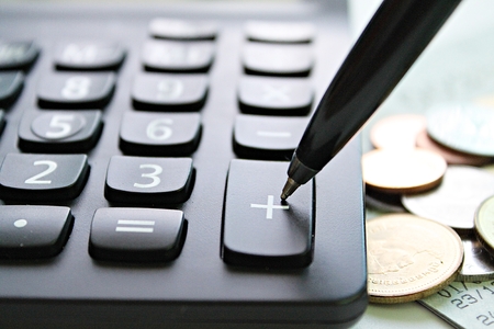 Business, finance, saving money, banking, loan, investment, taxes or accounting concept : Pen press...