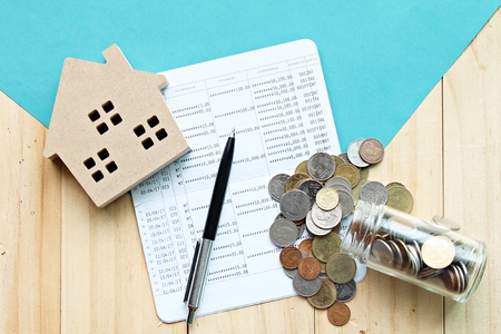 Business, finance, savings, money management, property loan or mortgage concept : Top view or flat...