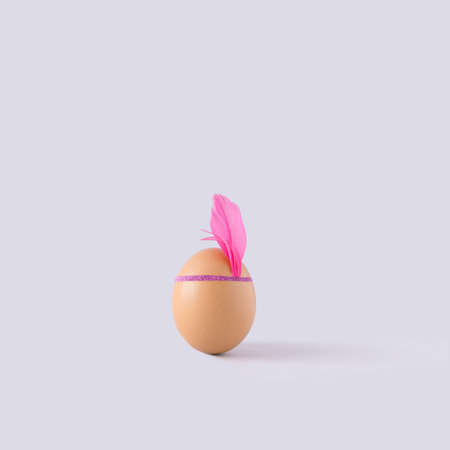 Egg with headband and pink feather on pastel grey background. Minimal retro concept.