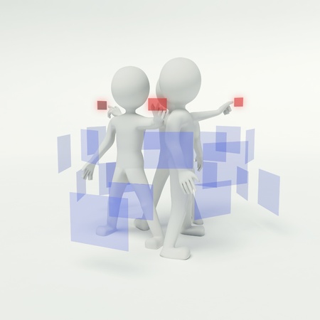 3d people working in the group and pressing buttons on the virtual backgroundの写真素材