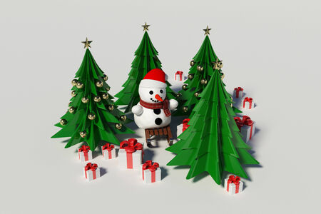 Snowman and Christmas Tree on withe backgroundの写真素材