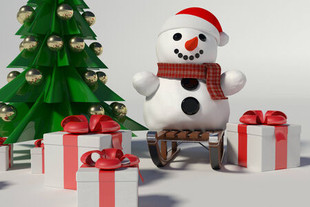 Snowman and Christmas Tree on withe backgroundの写真素材