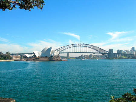 Sydney Opera House and Harbour Bridge viewed from across the waterのeditorial素材