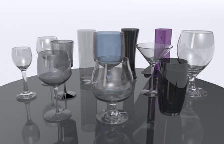 various  rendering colorful glasses on glass table isolatedの写真素材