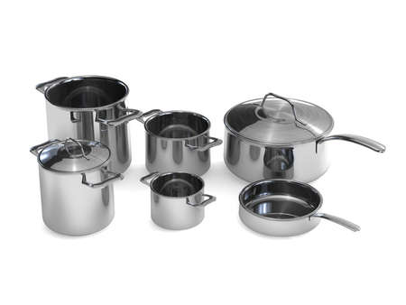 Three identical optional stainless steel pots and pansrenderingの写真素材