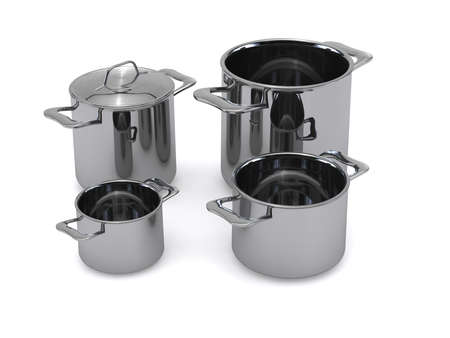 Three identical optional stainless steel pots and pansrenderingの写真素材