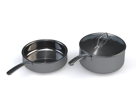 Three identical optional stainless steel pots and pansrenderingの写真素材