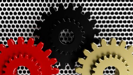 3D rendered illustration of different gears in metall black red and goldの写真素材