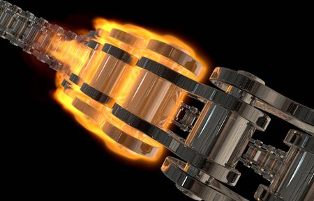 computer generated illustration one motorcycle chain  in flame on black backgroundの写真素材