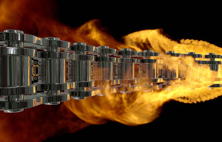 computer generated illustration one motorcycle chain  in flame on black backgroundの写真素材