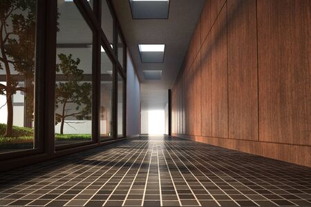  Computer generated illustration of a long floor with glass and wooden wallsの写真素材