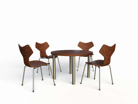 Computer generated illustration of a of four wooden chairs with wooden tableの写真素材