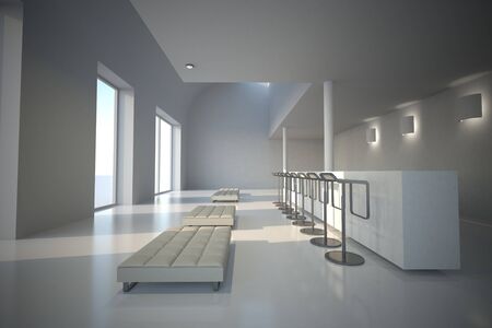 3D rendered illustration whites showroom with sitting bar and lots of lightの写真素材