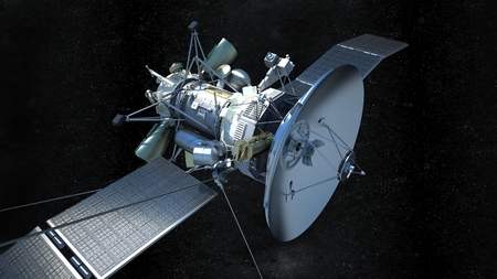 rendered illustration of a communications satellite in galaxyの写真素材