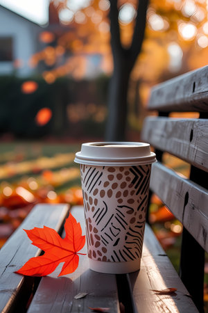 A glass of coffee stands on a wooden bench against the backdrop of an autumn courtyard. Generated by AI.の素材
