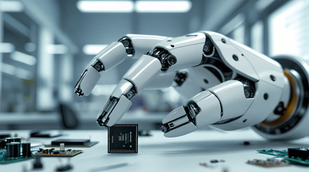 Futuristic scene - robot touching a microchip, science laboratory in the background. Generated by AI.の素材