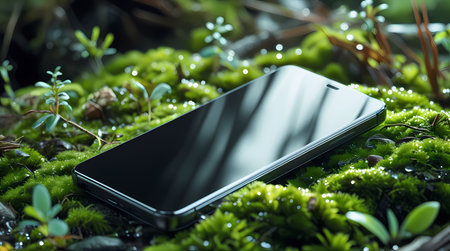 A smartphone lies on a forest clearing covered with moss. Generated by AI.の素材