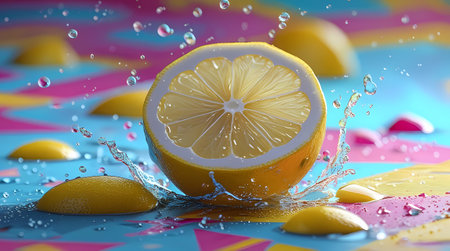 A beautiful bright picture - a lemon falling onto the table and splashing juice all around. Generated by AI.の素材