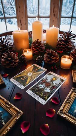 Tarot cards lie by the window on a winter day. Generated by AI.の素材