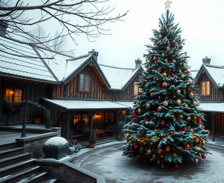 Winter morning, a Christmas tree stands on the site. Generated by AI.の素材