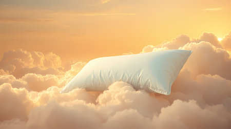 Surreal picture - a pillow lies in the sky on golden clouds. Generated by AI.の素材