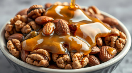 Assorted nuts covered in honey, close-up. Generated by AI.の素材