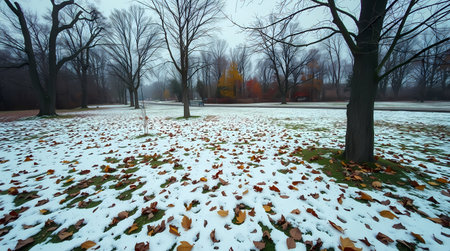 The autumn park is dusted with the first snow. Generated by AI.の素材