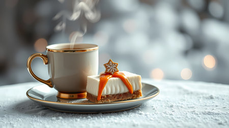 A white, gilded cup of coffee stands on a white background, with a beautiful cake next to it. Generated by AI.の素材