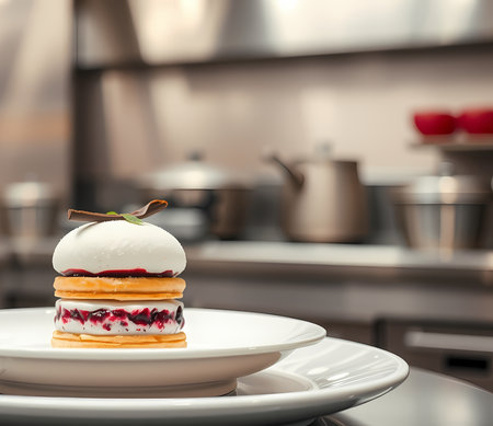 In the restaurant kitchen, a cute cake is on a plate. Generated by AI.の素材