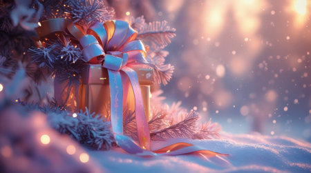 A gift lies in the snow, under the Christmas tree. Generated by AI.の素材