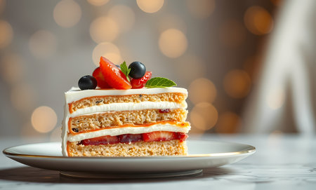 A piece of cake with fruits on a festive blurred background. Generated by AI.の素材