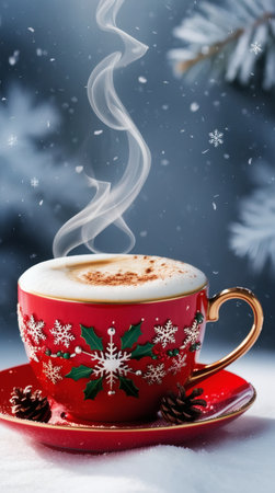 A cute coffee cup stands in the snow, under a pine tree. Generated by AI.の素材