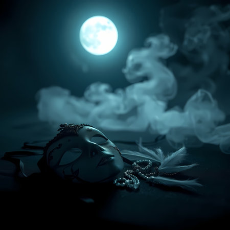Darkness, gray smoke on the side, a theater mask lies on the floor in the moonlight. Generated by AI.の素材