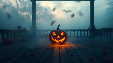 There is a jack-o-lantern on the terrace, a foggy evening. Generated by AI.の素材