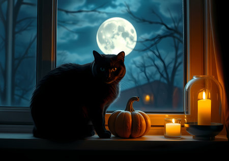 A beautiful black cat near a window with a pumpkin and candles. Generated by AI.の素材