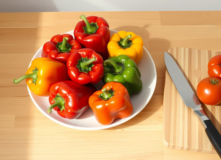 Fresh bell peppers on a plate next to a cutting board and knife. Generated by AI.の素材