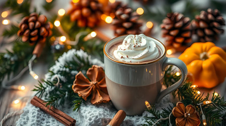 Holiday garlands and pine cones, a cup of cocoa on a knitted napkin, a pumpkin nearby. Generated by AI.の素材