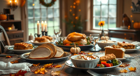 Various Thanksgiving dishes are on the table, blurred background. Generated by AI.の素材