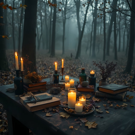 A witch's table stands in the middle of the forest. Generated by AI.の素材