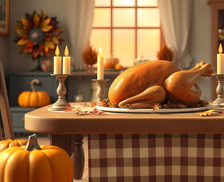 Cartoon style illustration of a roasted turkey on the table. Generated by AI.の素材