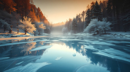 Winter morning by the lake, forest in the background. Generated by AI.の素材