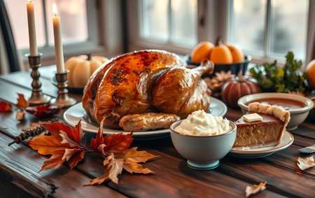 Festive picture - a delicious baked turkey, mashed potatoes and pie. Generated by AI.の素材