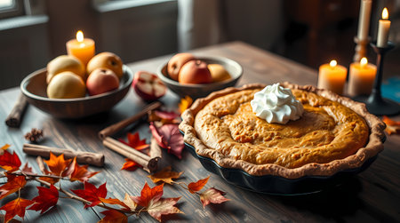 There is a pie on the table among the autumn leaves. Generated by AI.の素材