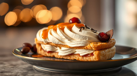 On a marble countertop stands a plate with a cake decorated with fruit and cream. Generated by AI.の素材