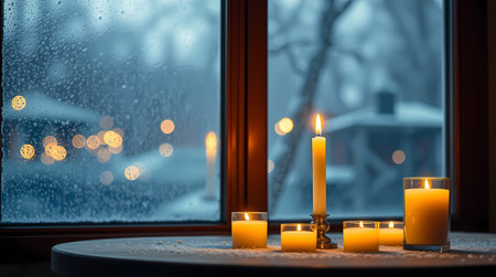 A cozy picture - burning candles on a table by the window. Generated by AI.の素材