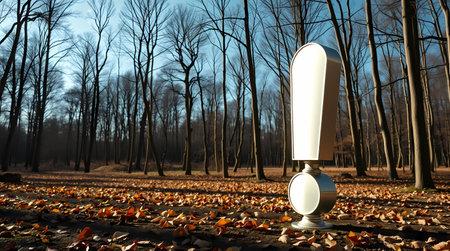 A large metal sculpture of an exclamation mark stands in the forest. Generated by AI.の素材