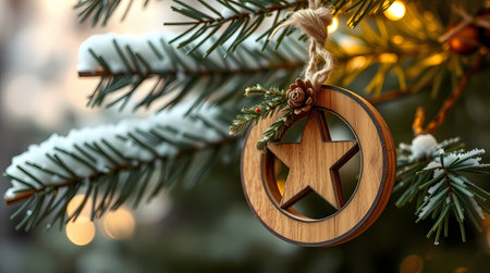 Close-up of a handmade wooden Christmas tree toy. Generated by AI.の素材